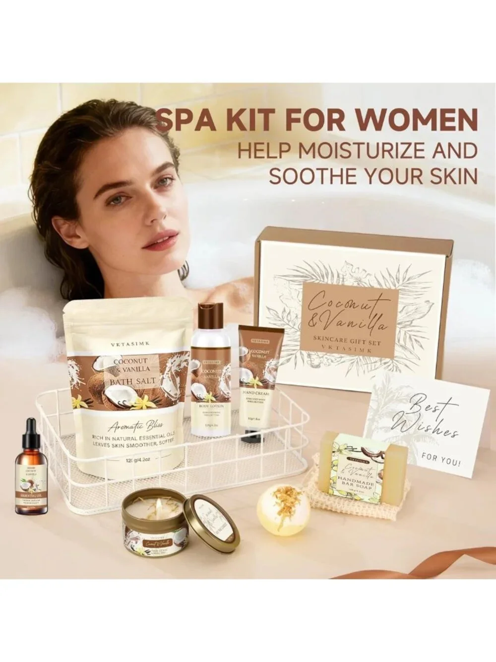 Relaxing Home Spa Gift Set - Vanilla Coconut Bath & Body Basket for Her